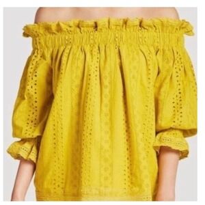 Endless Rose Mustard Yellow Eyelet Off Shoulder Blouse Top XS New (A)‎